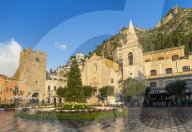 San Guiseppe church and the clock tower gate at Piazza IX Aprile, Taormina, Sicily, Italy, Europe