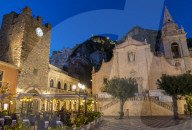 San Guiseppe church and the clock tower gate at Piazza IX Aprile during blue hour, Taormina, Sicily, Italy, Europe