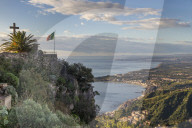 View from Madonna della Rocca church down to Giardini-Naxos, Taormina, Sicily, Italy, Europe