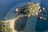 View from a lookout down to Isola Bella and the beach, Taormina, Sicily, Italy, Europe