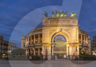 Politeama Theater during blue hour, Palermo, Sicily, Italy, Europe