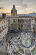 High-angle view of Praetorian Fountain (Fontana Pretoria) and San Giuseppe dei Padri Teatini church, Palermo, Sicily, Italy