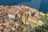 View from Rocca di Cefalu down to the old town and the cathedral, Cefalu, Sicily, Italy, Europe