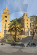 The cathedral of Cefalu with Rocca di Cefalu in the background at sunset, Cefalu, Sicily, Italy, Europe