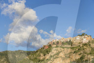 View from Madonna della Rocca church to the village Castelmola, Taormina, Sicily, Italy, Europe