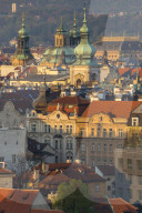 View from a lookout at Letna Park over the old town at first sunlight, Prague, Bohemia, Czech Republic, Europe