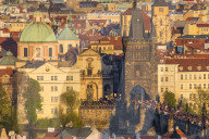 View from the Prague Castle down to the Charles Bridge and the old town at sunset, Prague, Bohemia, Czech Republic, Europe