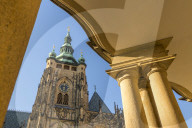 Clock tower of St. Vitus Cathedral, Prague, Bohemia, Czech Republic, Europe