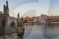 View from Krizovnicke Square to Charles Bridge, Prague Castle and St. Vitus Cathedral, Prague, Bohemia, Czech Republic