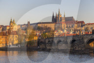 View from the banks of Vltava River to Charles Bridge, Prague Castle and St. Vitus Cathedral, Prague, Bohemia, Czech Republic