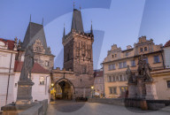 The Lesser Town Bridge Tower seen from Charles Bridge at dawn, Prague, Bohemia, Czech Republic, Europe