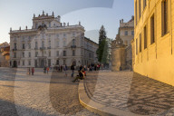 Archbishop Palace at Hradcany Square near Prague Castle at sundown, Prague, Bohemia, Czech Republic, Europe