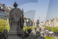 View from the steps of the National Museum over Wenceslas Square (Vaclavske namesti), Prague, Bohemia, Czech Republic, Europe