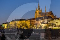 Illuminated Prague Castle and St. Vitus Cathedral at dusk, Prague, Bohemia, Czech Republic, Europe