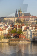 View from the banks of Vltava River over the Mala Strana district and Prague Castle, Prague, Bohemia, Czech Republic, Europe