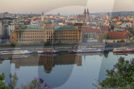 View from a lookout at Letna Park over Vltava River and the old town at first sunlight, Prague, Bohemia, Czech Republic, Europe