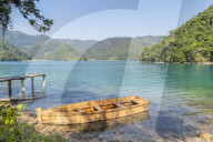 Small boat moored at Laguna Brava (also known as Lake Yolnajab or Yolnabaj), Yalambojoch, Nenton, Huehuetenango, Guatemala