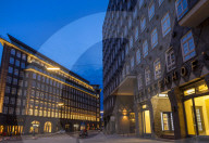 Illuminated Chilehaus and Sprinkenho (part of the Kontorhausviertel), UNESCO World Heritage Site, Hamburg, Germany, Europe