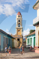Tourists and bell tower in Trinidad, UNESCO World Heritage Site, Sancti Spiritus, Cuba, West Indies, Caribbean, Central America
