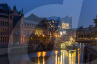 Historical buildings of the Speicherstadt with the Elbphilharmonie building in the background, Hamburg, Germany, Europe