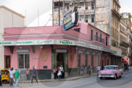 Pink vintage American car outside Floridita bar, Havana, Cuba, West Indies, Caribbean, Central America