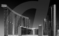 Black and white architectural images of Arc and Gate Towers on Reem Island in Abu Dhabi, UAE