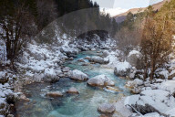 Soca river in Slovenia in winter with snow