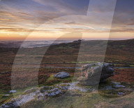 Twilight from the summit of Saddle Tor with mist in the Teign Valley, Dartmoor National Park, Bovey Tracey, Devon UK