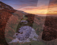 Twilight on the slopes below Saddle Tor with mist in the Teign Valley, Dartmoor National Park, Bovey Tracey, Devon UK