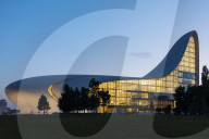 Exterior of Heydar Aliyev Building at night (designed by Zaha Hadid), Baku, Azerbaijan