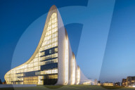 Exterior of Heydar Aliyev Building at night (designed by Zaha Hadid), Baku, Azerbaijan