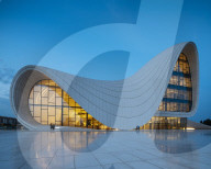 Exterior of Heydar Aliyev Building at night (designed by Zaha Hadid), Baku, Azerbaijan