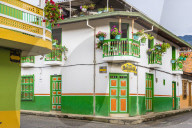 Colourful balconies and architecture in Jardin, in Colombia, South America.