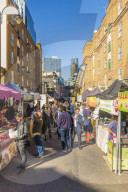 Food stalls in Petticoat Lane market in London, England, United Kingdom, Europe.