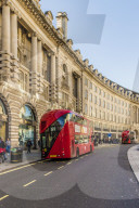 A red London bus on Regent Street in London, United Kingdom, Europe.