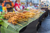 A barbecue seafood stall at the famous Walking Street night market in Phuket old Town, Phuket, Thailand, Southeast Asia, Asia.