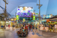 The neon sign at Patong beach at night in Patong, Phuket, Thailand, Southeast Asia, Asia.