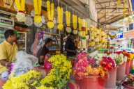 A colourful garland and flower stall in Little India, George town, Penang Island, Malaysia, Southeast Asia, Asia.