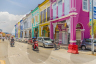 The colourful shop house architecture of Kek Chuan Jalan Road in George Town ,Penang Island, Malaysia, Southeast Asia, Asia.