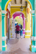The colourful shop house architecture of Kek Chuan Jalan Road in George Town ,Penang Island, Malaysia, Southeast Asia, Asia.