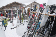 French Alps. Skis and snowboards. Saint-Gervais. France.