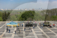 Rodina Mat, Kiev. Military vehicles used in the Donbass war exhibited. Ukraine.