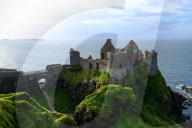 Dunluce Castle, located on the edge of a basalt outcropping in County Antrim, Northern Ireland