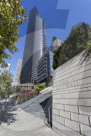 Architecture of steel and glass in the Columbia Tower and Seattle City Hall sign on 4th Avenue, Downtown, Seattle, Washington, USA, North America