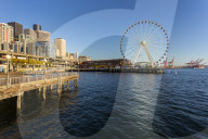 Seattle Great wheel on Pier 58 during the golden hour before sunset, Alaskan Way, Downtown, Seattle, Washington, USA, North America