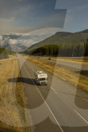 Traffic on Trans Canada Highway 1, Canadian Rockies, Banff National Park, UNESCO World Heritage Site, Alberta, Canada, North America