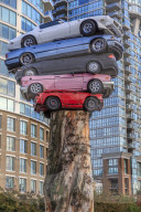 Cars stacked as modern art exhibition, Vancouver, British Columbia, Canada, North America
