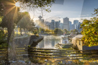 View of city skyline and Vancouver Lookout Tower from CRAB Park at Portside, Vancouver, British Columbia, Canada, North America