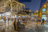 View of Museum of Ceramics and market stalls in Monastiraki Square at dusk, Monastiraki District, Athens, Greece, Europe