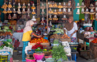 Fresh food market stall selling fruit and vegetables, Togian Islands, Indonesia.